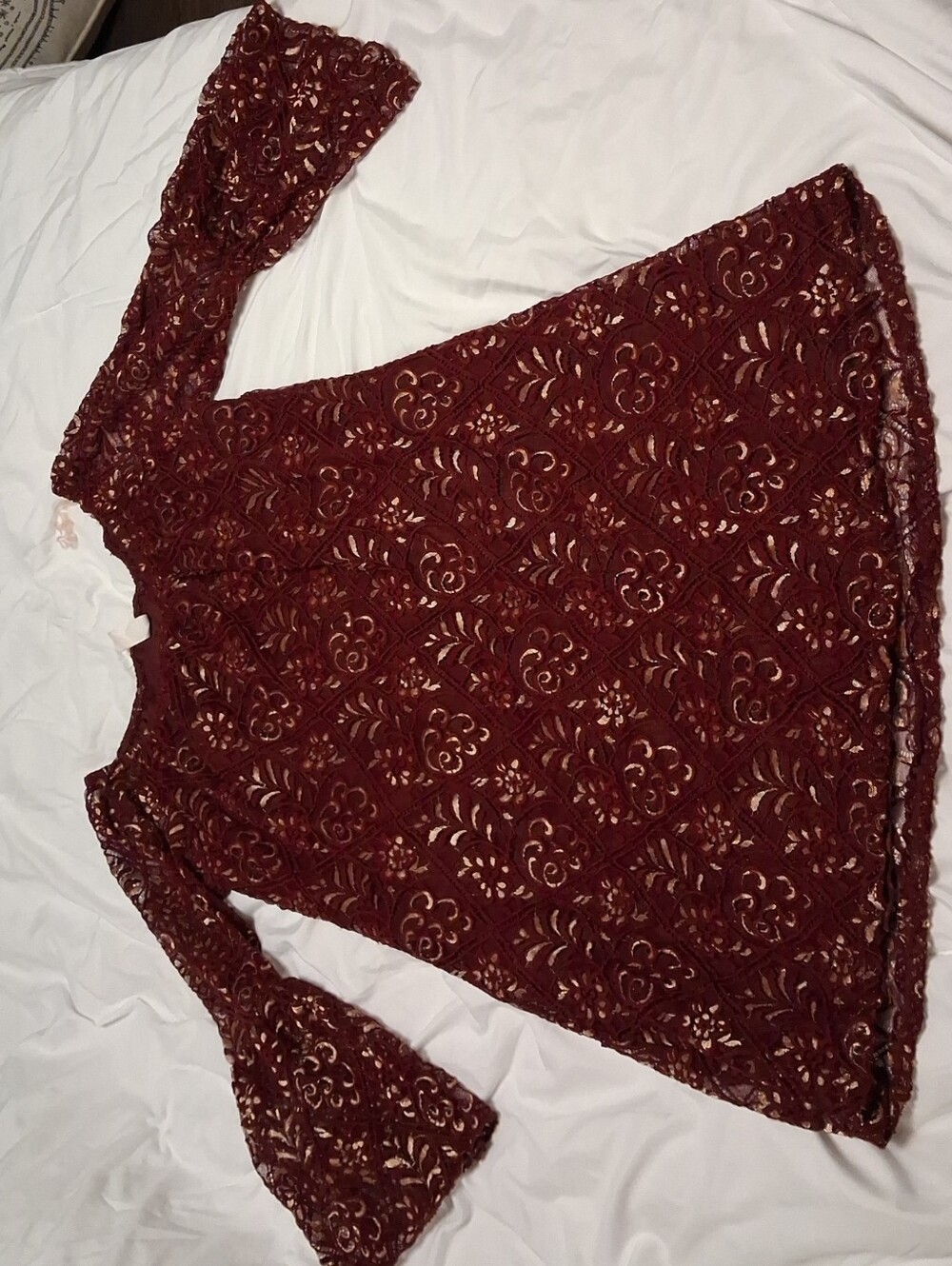 Honeyme Burgundy Lace Bell-Sleeve Dress